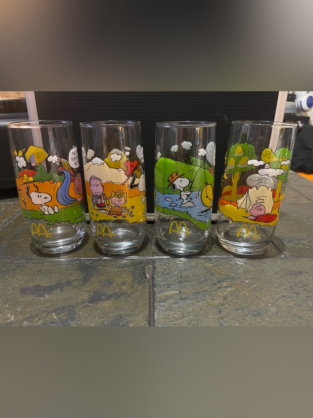 Vtg McDonald's Peanuts Snoopy Charlie Brown Camping Glass Tumbler Set of 4